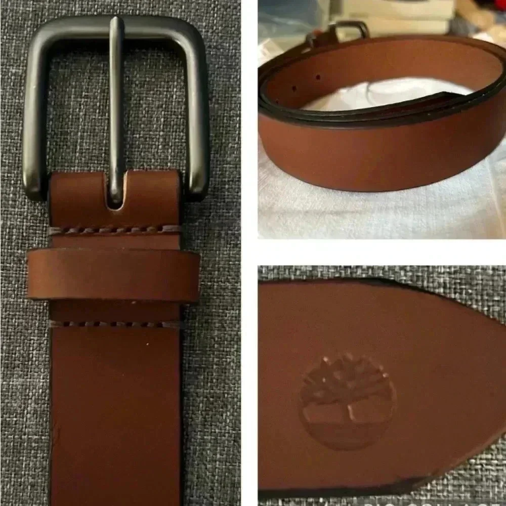 Timberland Men's Classic Brown Leather Belt Gun Metal Buckle Size 34|
